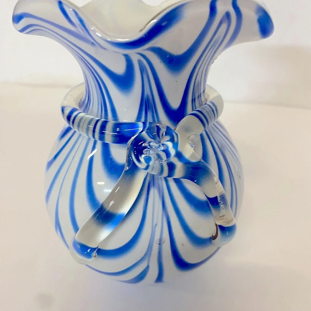 Vintage Murano Style Art Glass Vase Blue & White Swirl Rim Vase Ruffled Edge - Picture 5 of 9